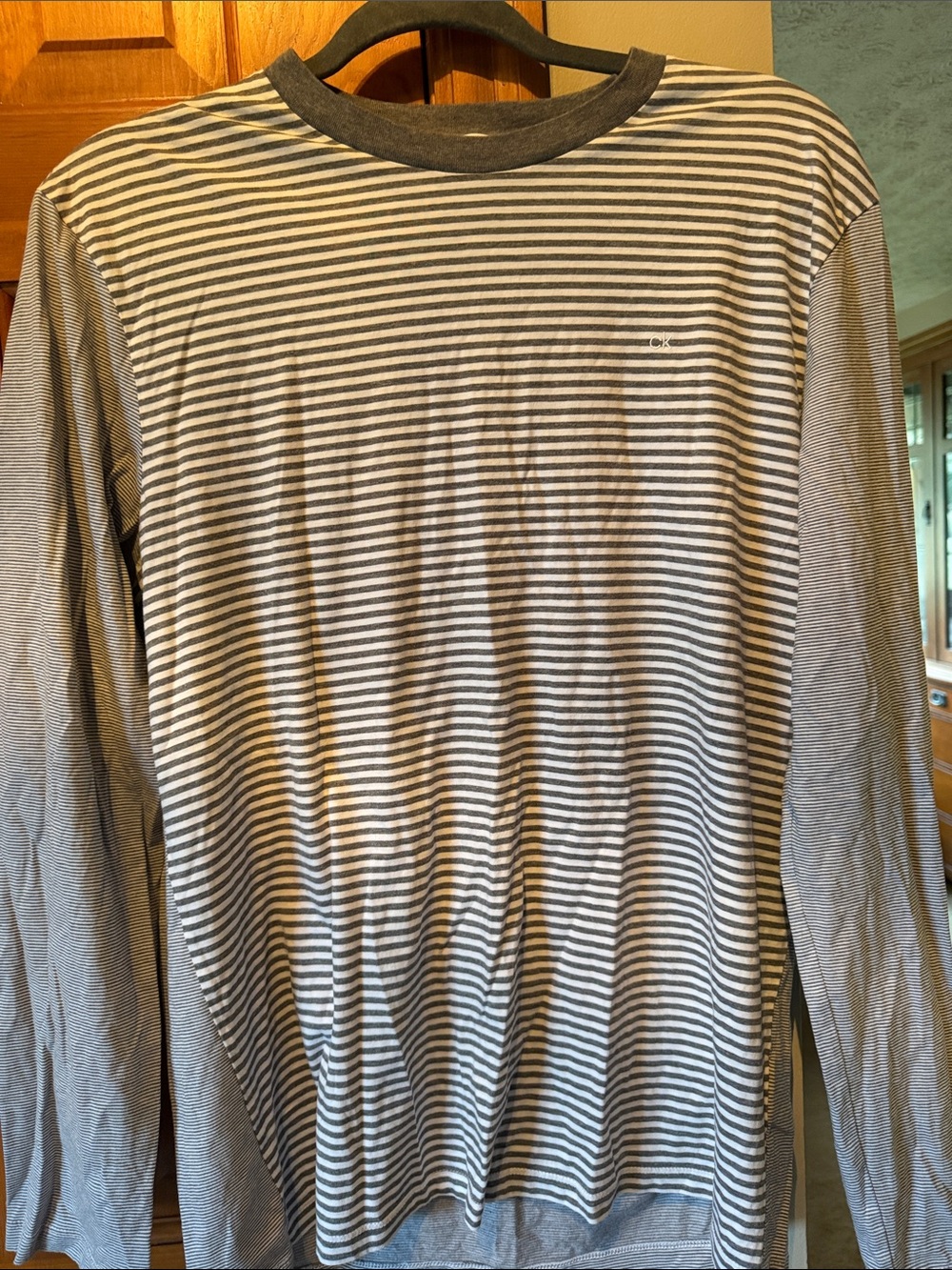 Calvin Klein Long-Sleeve Striped Crewneck Tee - Gray & White